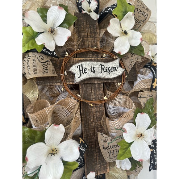 He is Risen Cross Religious Easter Dogwood Flowers Deco Mesh & Ribbon Wreath - Picture 2 of 9